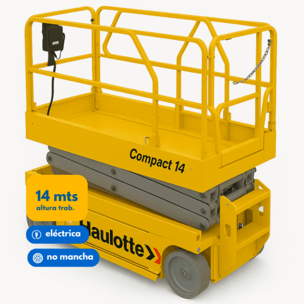 Elevador tijera eléctrico Haulotte Compact 14 con altura de 14 metros para trabajo interior y exterior