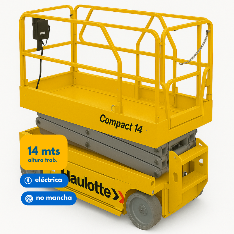 Elevador tijera eléctrico Haulotte Compact 14 con altura de 14 metros para trabajo interior y exterior