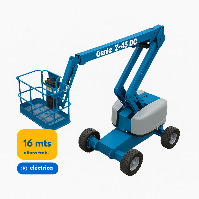 Brazo articulado eléctrico Genie Z-45 DC de 16 metros con tracción 4x4 para uso industrial limpio