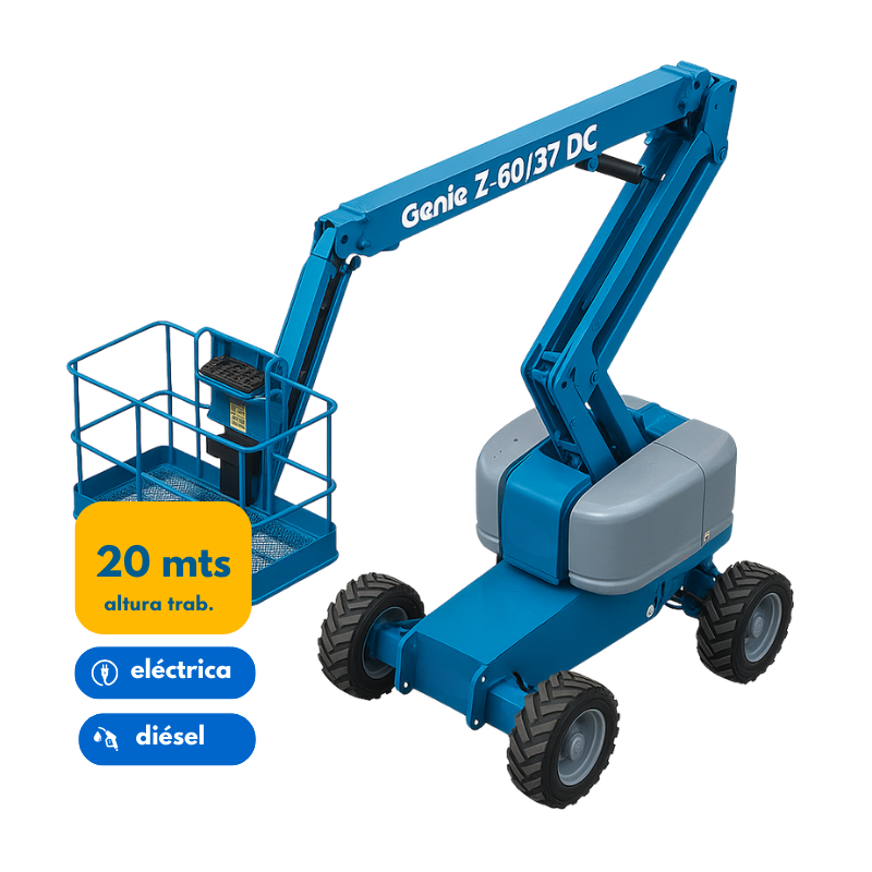 Plataforma articulada Genie Z-60/37 DC híbrida, eléctrica y diésel, con altura máxima de trabajo de 20,16 metros, ideal para trabajos en altura sin emisiones ni manchas.
