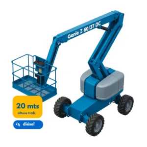 Plataforma articulada Genie Z-60/37 DC híbrida, eléctrica y diésel, con altura máxima de trabajo de 20,16 metros, ideal para trabajos en altura sin emisiones ni manchas.