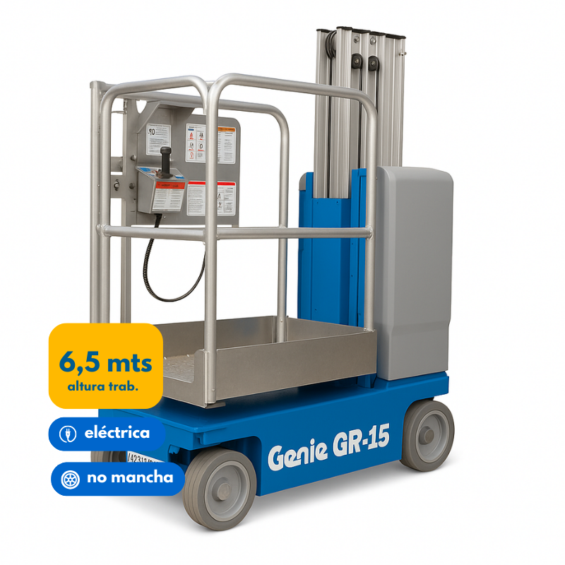 Elevador unipersonal eléctrico Genie GR-15 de 6.5 metros para mantenciones en interiores y espacios reducidos