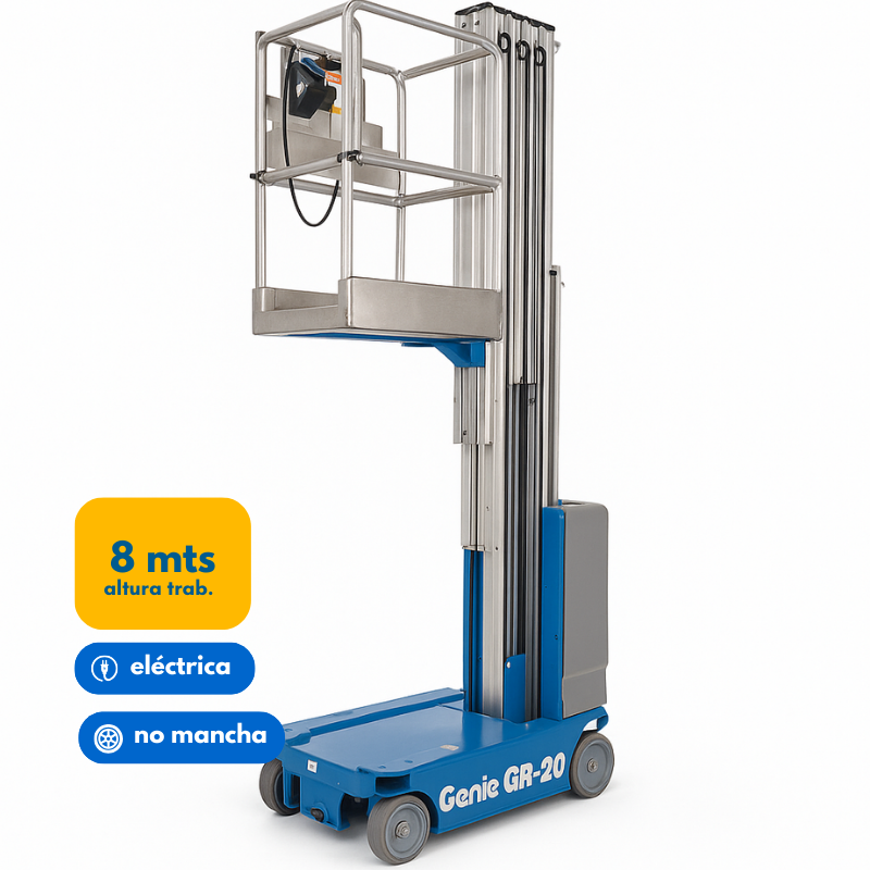 Elevador unipersonal eléctrico Genie GR-20 de 8 metros para interiores compactos y mantenciones en altura
